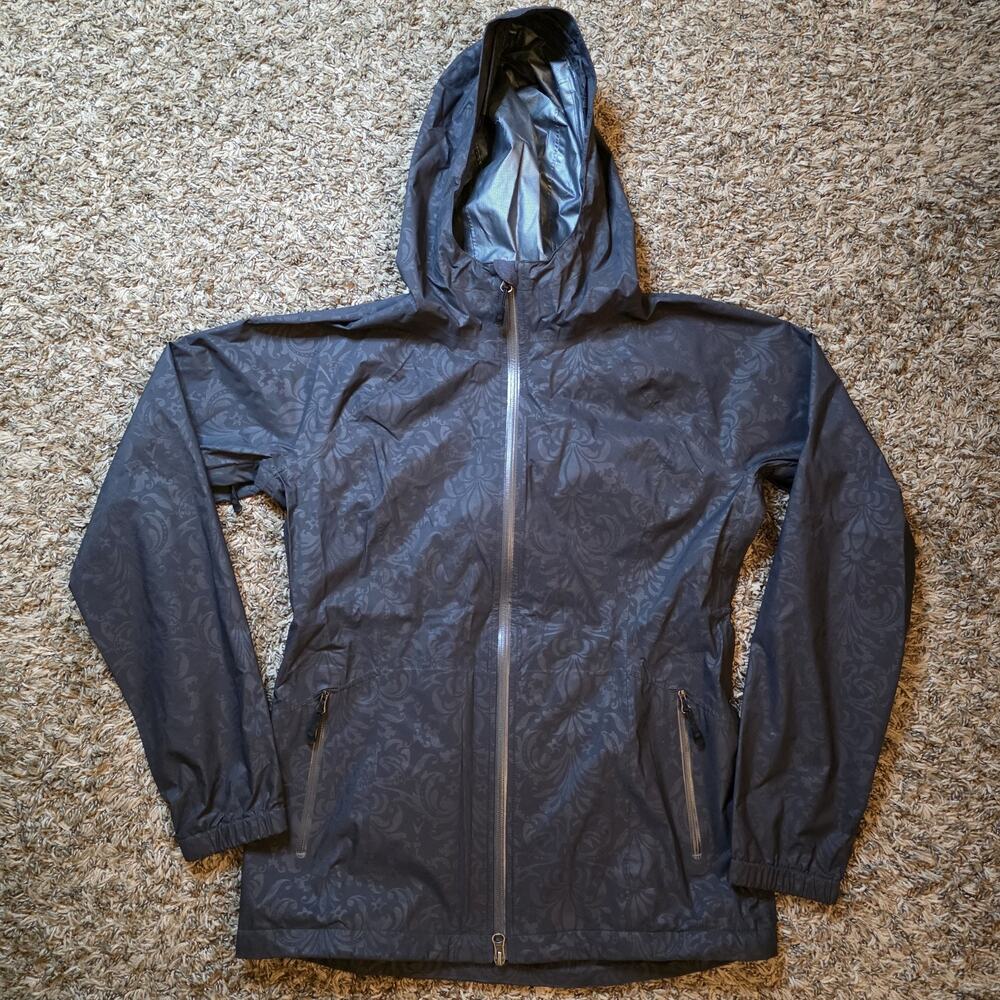 Athleta Rain Jacket Small Damask Print Hooded Pockets Vents Women's Raincoat